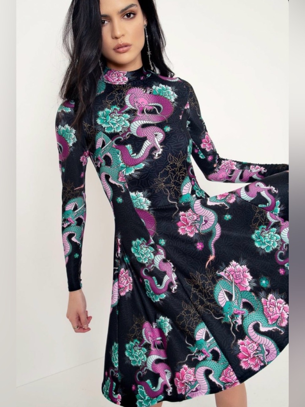 BlackMilk Long Sleeve Evil Longline Dress Dragon Bouquet Size S - Picture 2 of 16